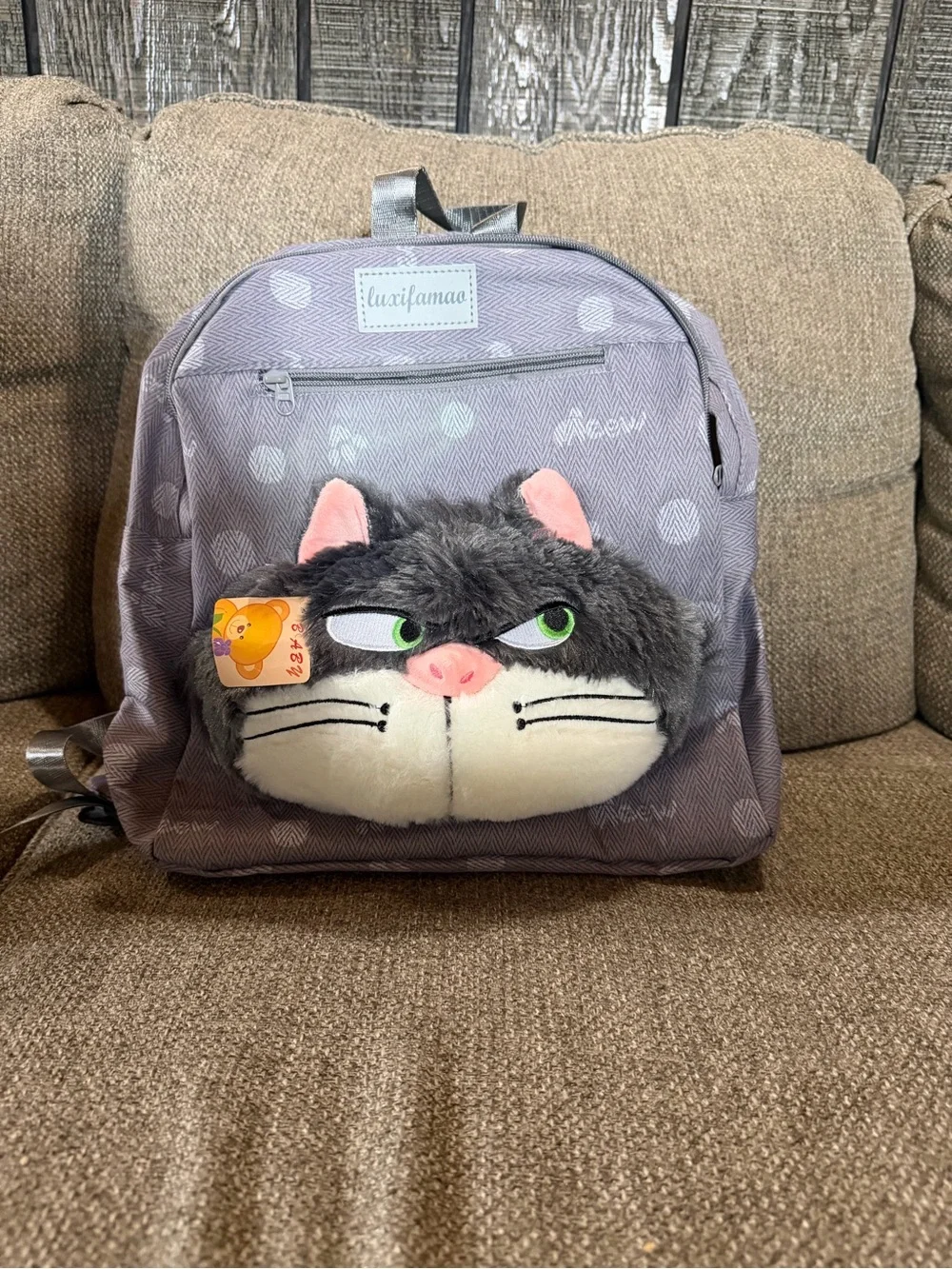 Gray Cat Plush Pocket Backpack - Gray